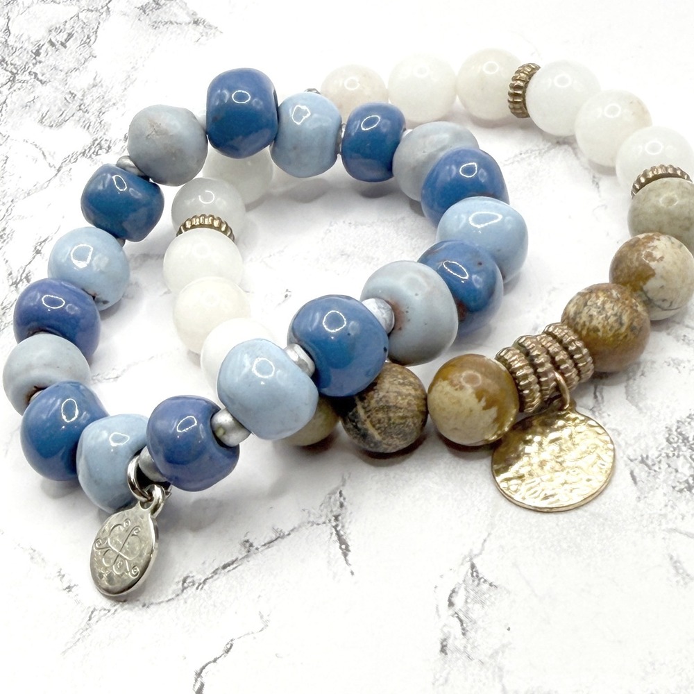 Papillon Haiti Bracelet Set Chunky Beaded Stretch Blue‎ Quartz Artisan